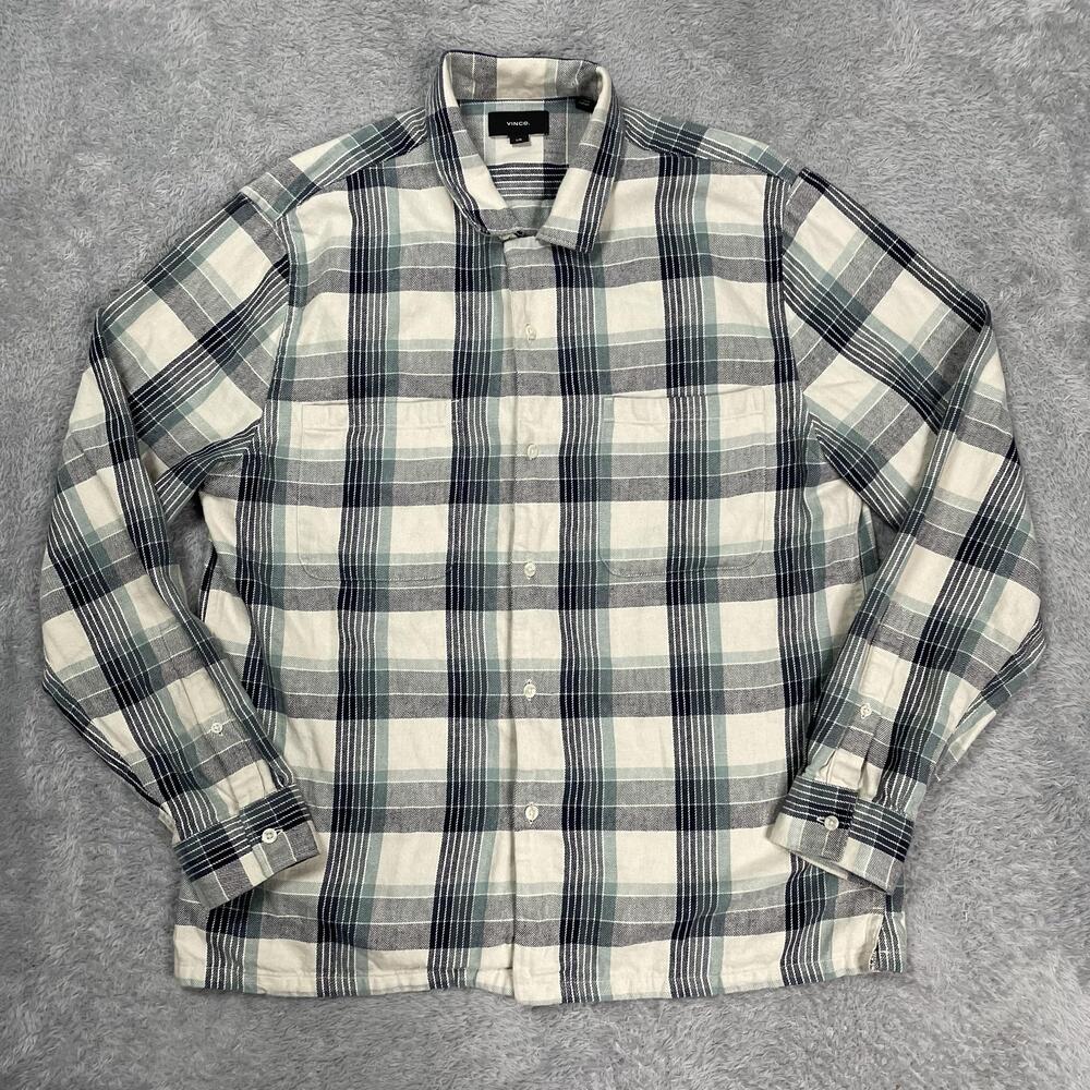 Vince Shirt Men Large Beige Gray Plaid Hemp Cotton Long Sleeve Button Up Flannel